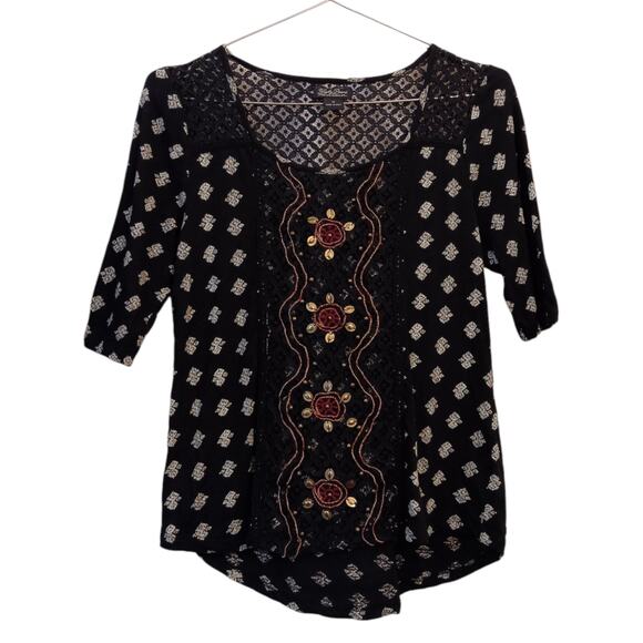 LUCKY BRAND Blouse Top M Crochet Lace‎ Embroidery Boho Romantic Festival Floral - Picture 8 of 9